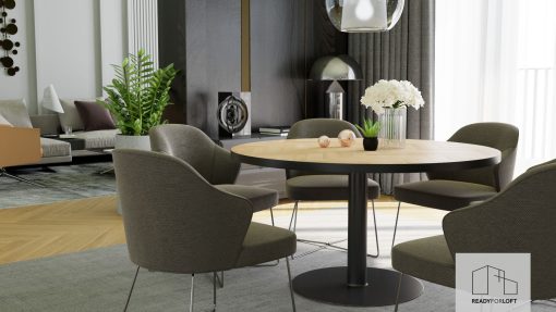 Massiver runder Holztisch mit loftartigem Design und edler Ausstrahlung