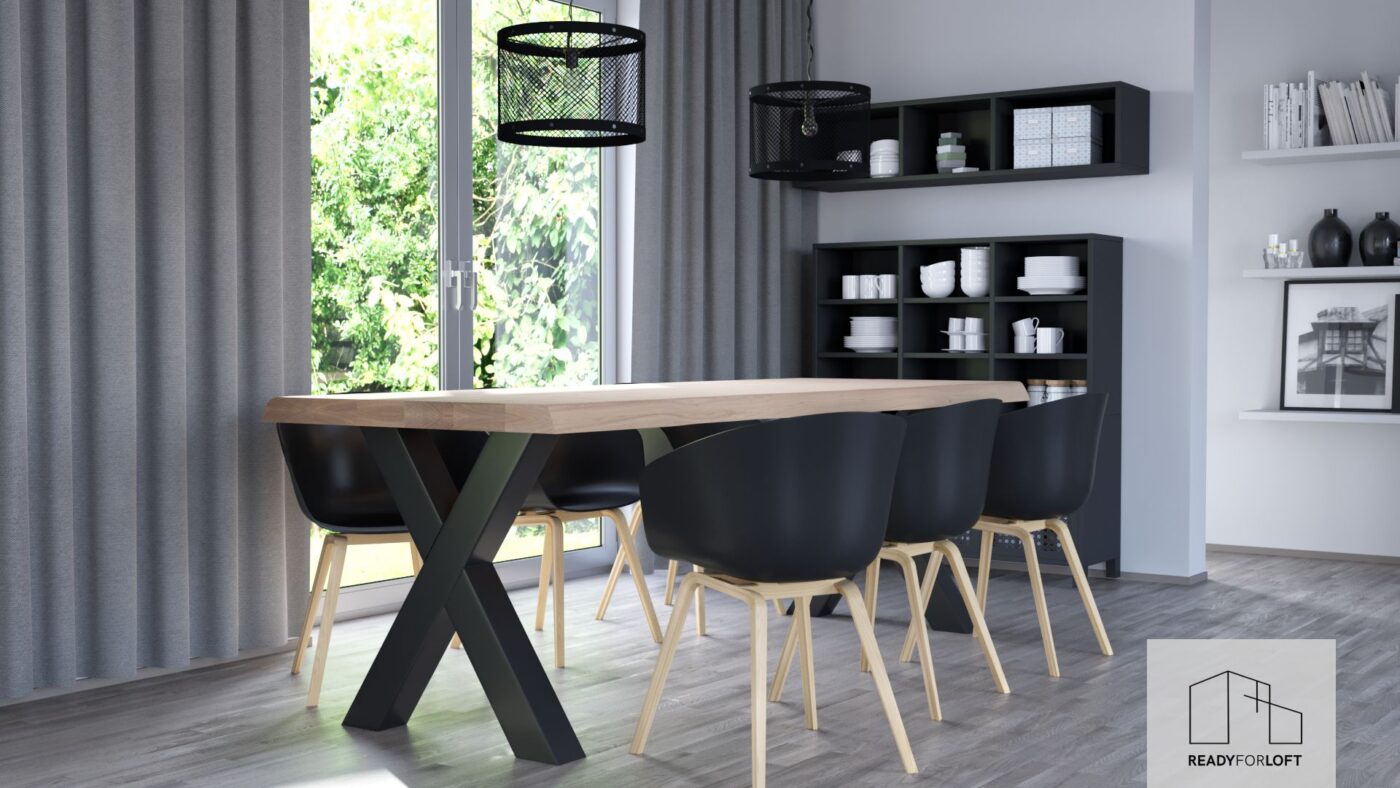 Moderner Massivholz Vagamo Eiche Tisch mit X-Beinen für einen trendigen Look