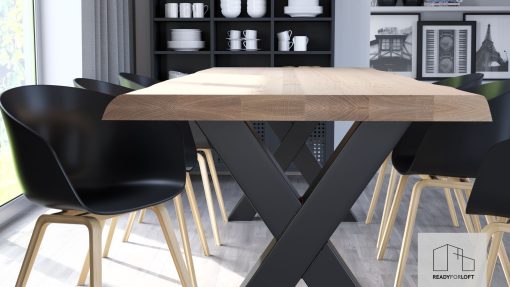 Industrieller Massivholz Vagamo Eiche Tisch mit X-Beinen für einen modernen Akzent