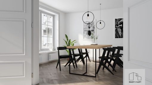 Loft-Stil Esszimmertisch mit schwarzen Beinen und abgenutzter Holzoptik