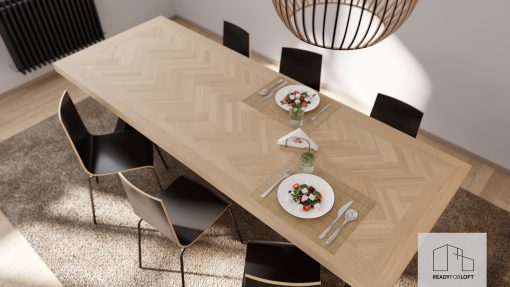 Holztisch mit markanten Matrixbeinen
